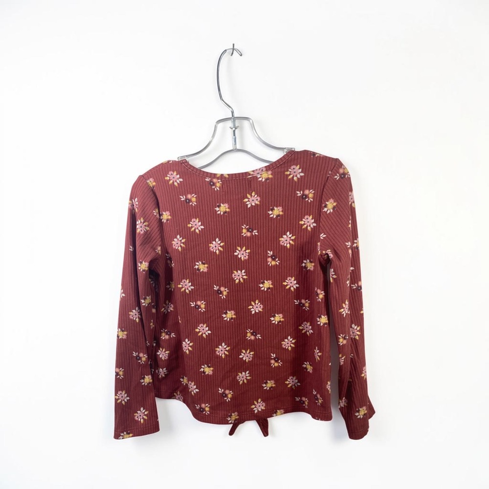 Btween Girls Burgundy Floral Ribbed Long Sleeve Button Front Tie Hem Top Size 4